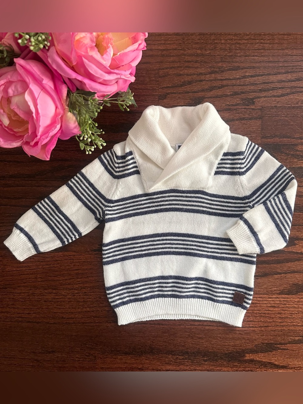 Janie & Jack striped, shawl collar sweater, size 3-6mo